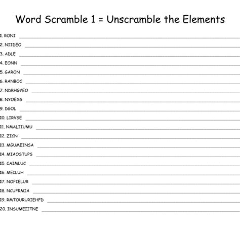 Unscramble element - In this activity, students will test their knowledge of the periodic table as they attempt to unscramble element names and use select letters to solve a mystery message. Grade Level. High, Middle and Elementary School. Objectives. By the end of this activity, students should be able to Recognize common element names from the periodic table.